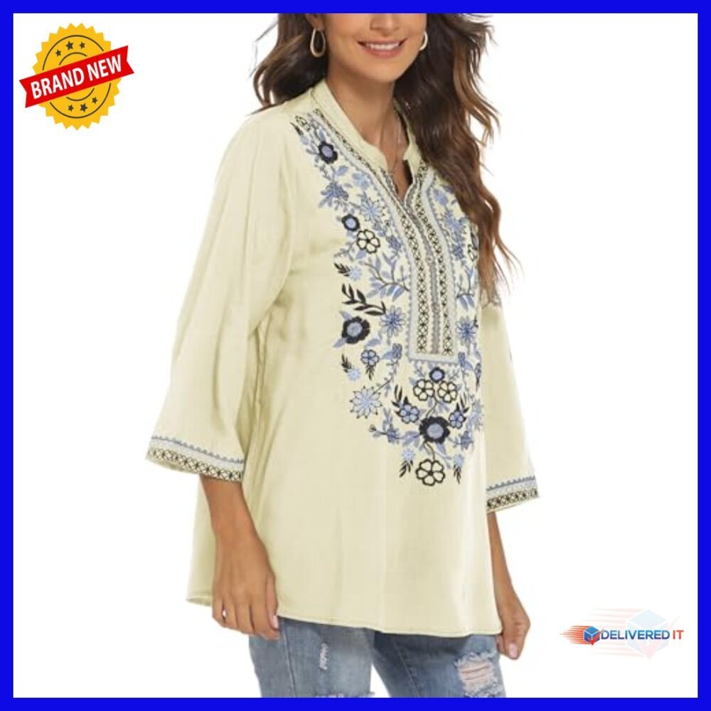 Loose Fit Embroidered Tunic Blouse 3/4 Sleeve V-Neck Bohemian Top - Picture 4 of 6